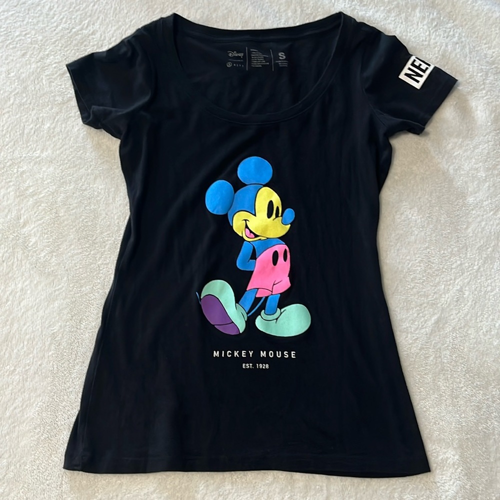 Disney x NEFF women’s small Mickey Mouse black t-shirt neon bright rainbow